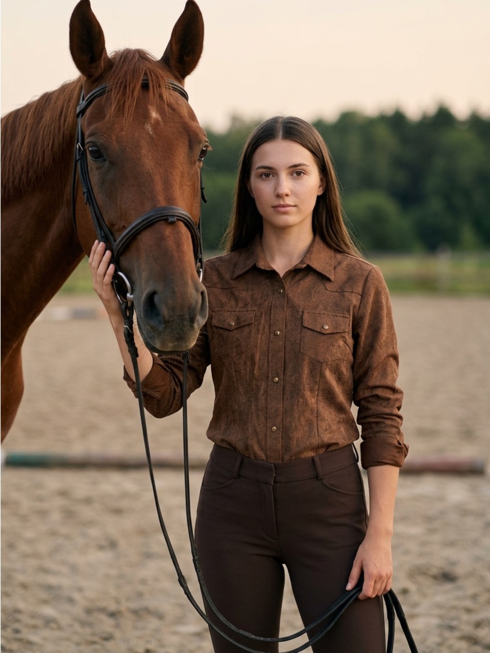Women's Brown Sueded Western Blouse - Collared Snap Front